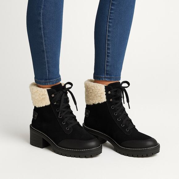 Franco Sarto Black Suede Shearling  zip Ankle Boots Lug Sole Chunky Heel 7,5 new - Picture 1 of 8